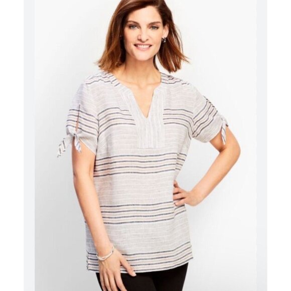 Talbots Pretty Beige White Blue Stripe Linen SL Blouse‎ SMALL Lagenlook NWT - Picture 1 of 9